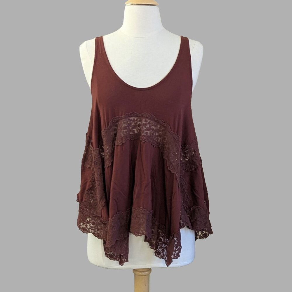 AE Soft & Sexy XXS Flowy Lace-Paneled Trapeze Tank in Rust Brown - Picture 2 of 8